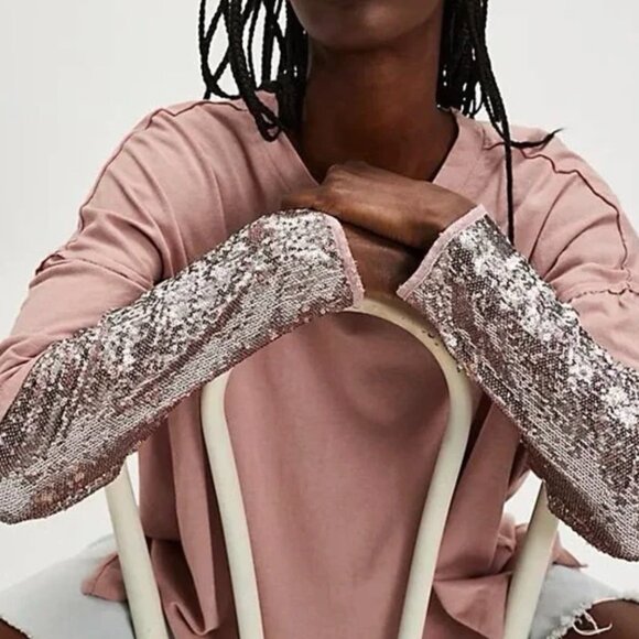 Free People Nellie Twofer Mauve Pink Oversized Sequin Long Sleeve Tee Tunic XS - Picture 5 of 16